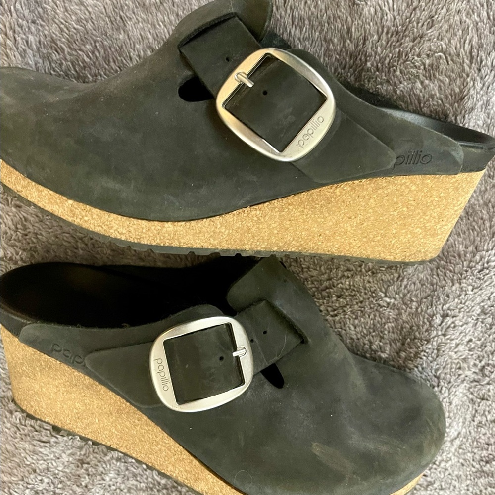 Papillio Black Suede Wedge Clogs